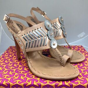 IOB-Tory Burch Tanya Fresh Tan Silver Metallic Mirror 4.5” Heel Sandals Size 8